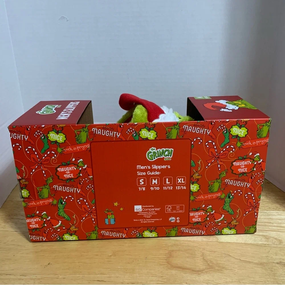 Dr Seuss Grinch Christmas Santa Hat Slippers‎ Slides Men's S 7/8 NEW